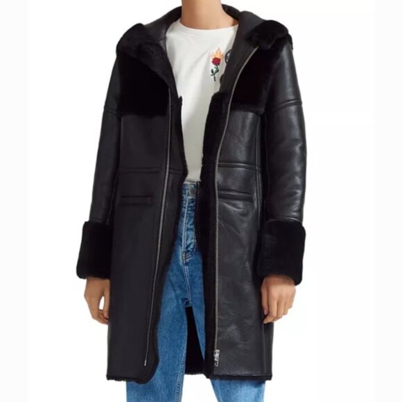 MAJE 38 sz4 SHEARLING Sheepskin Fur Leather Gwette Coat Black Acne Sandro